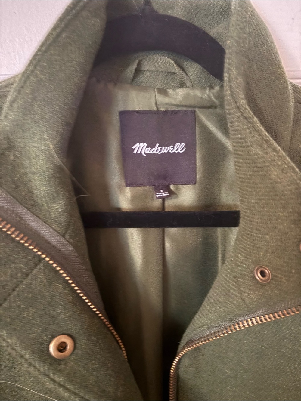 Madewell Dark Olive Green Wool Blend Peacoat with Zip Front - Picture 2 of 3
